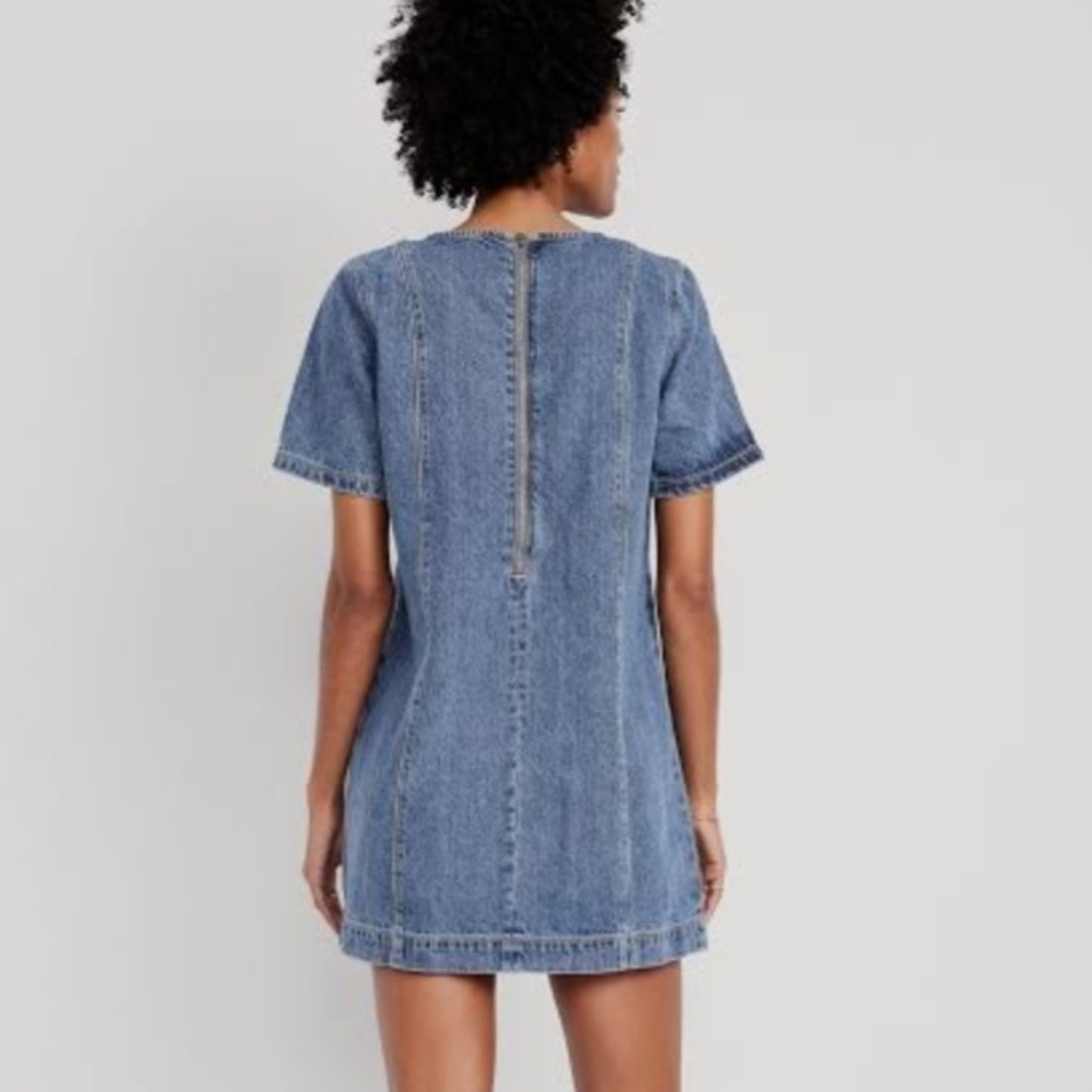NEW Old Navy Denim Shirt Sleeve Mini Crewneck Dress In Blue - M - Picture 2 of 7